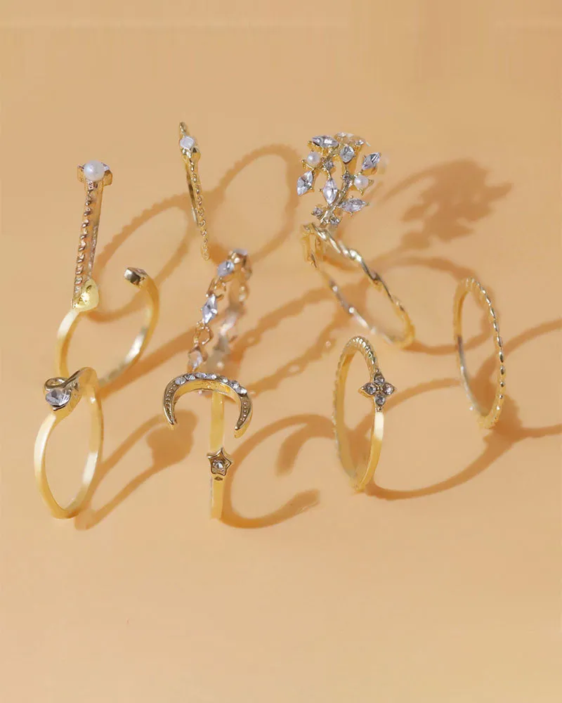 10PCS/Set Rhinestone Pearls Decor Star Moon Geo Pattern Boho Ring