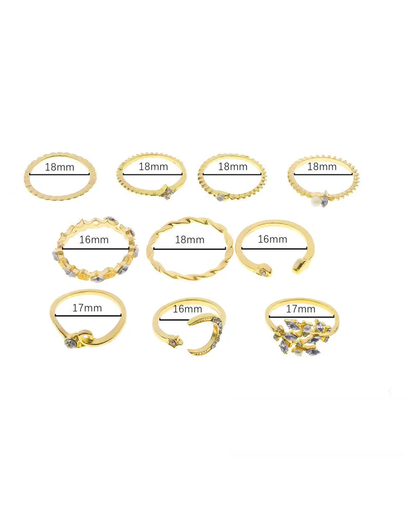 10PCS/Set Rhinestone Pearls Decor Star Moon Geo Pattern Boho Ring