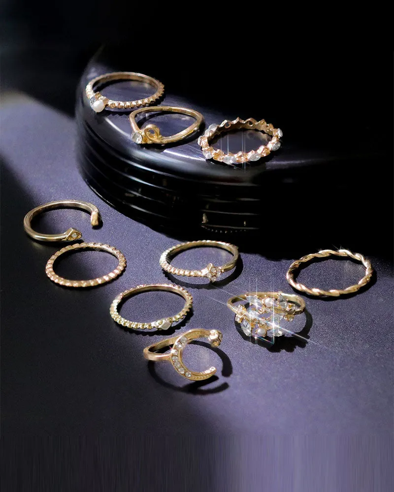 10PCS/Set Rhinestone Pearls Decor Star Moon Geo Pattern Boho Ring