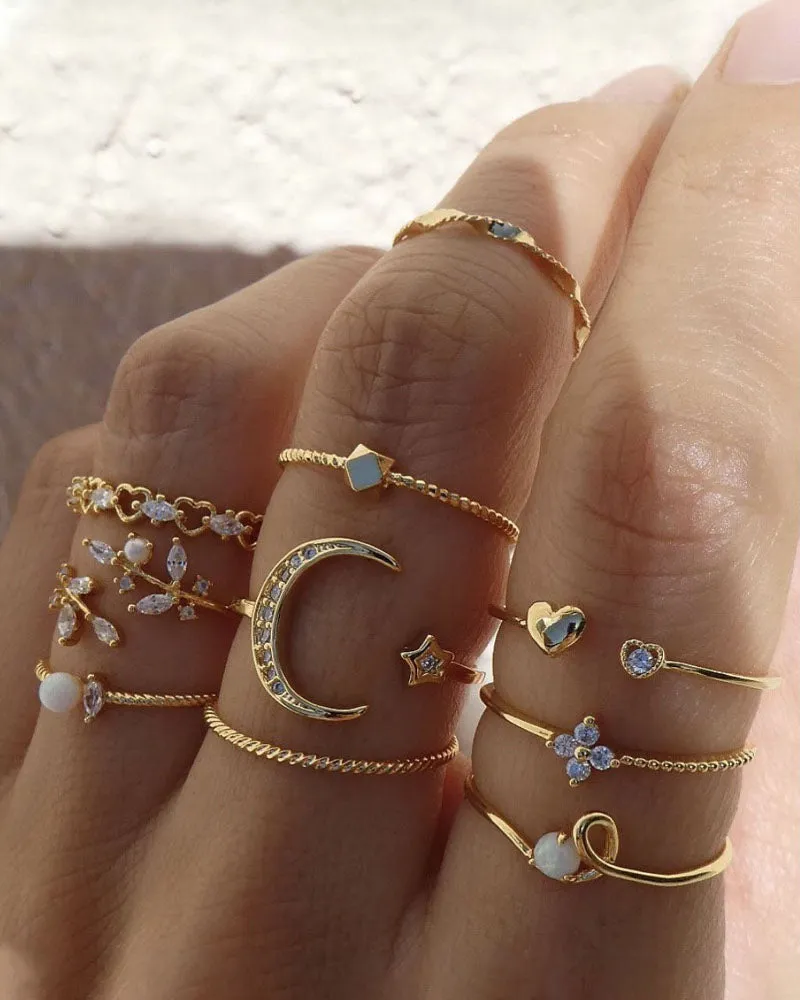 10PCS/Set Rhinestone Pearls Decor Star Moon Geo Pattern Boho Ring