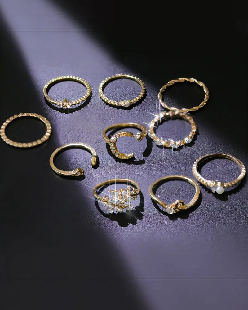 10PCS/Set Rhinestone Pearls Decor Star Moon Geo Pattern Boho Ring