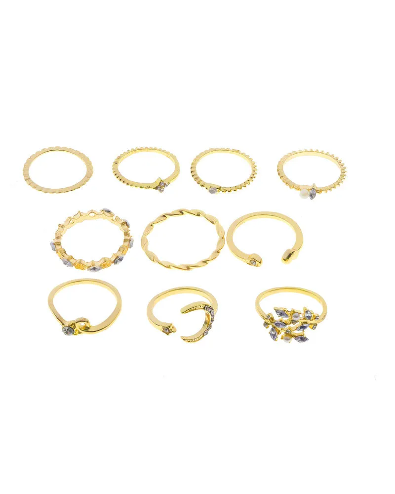 10PCS/Set Rhinestone Pearls Decor Star Moon Geo Pattern Boho Ring