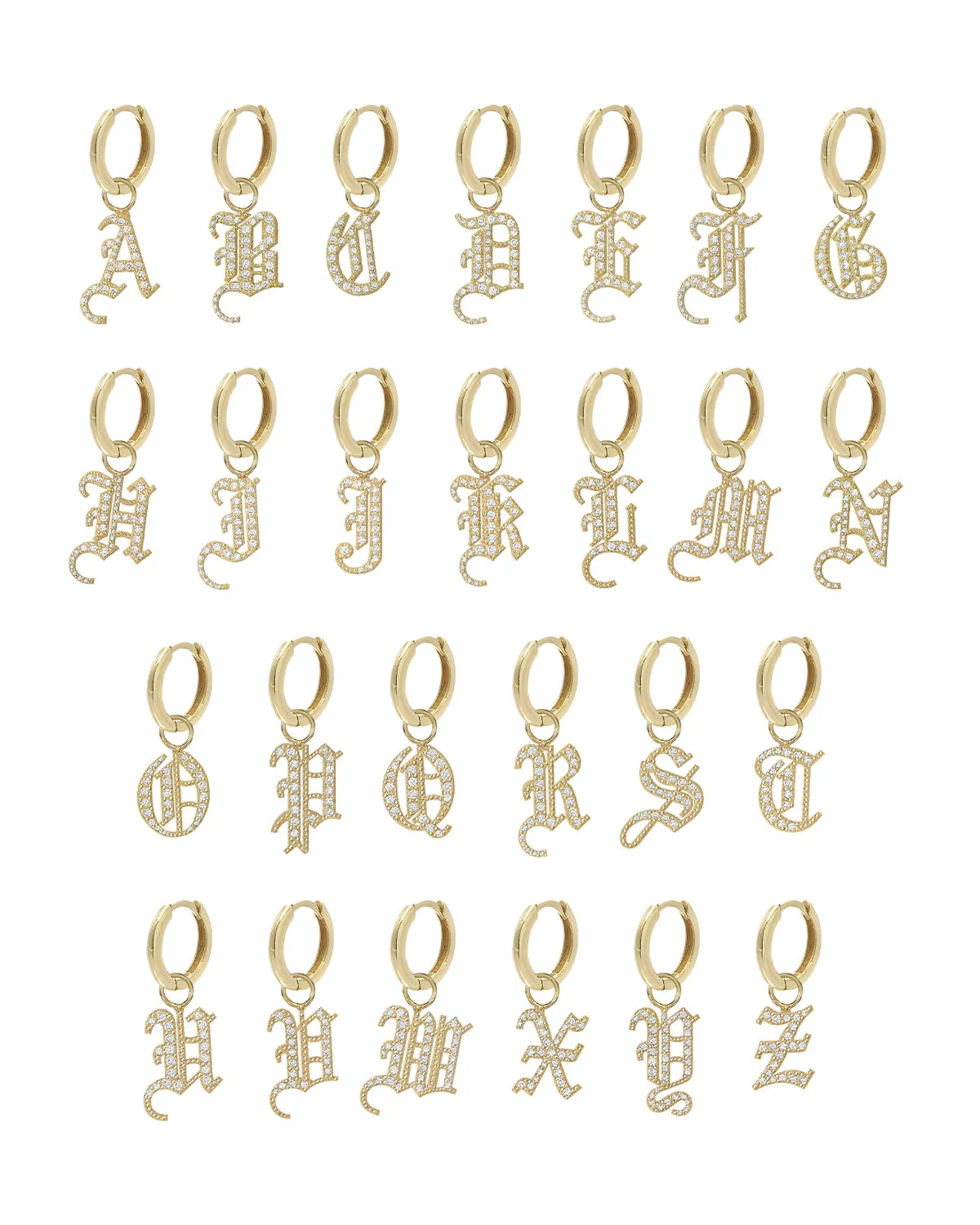 14k Gold Mini Huggie Earring with Diamond Gothic Initial Charm
