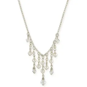 1928 Jewelry Faux Pearl And Crystal Bib Necklace 15"   3" Extender
