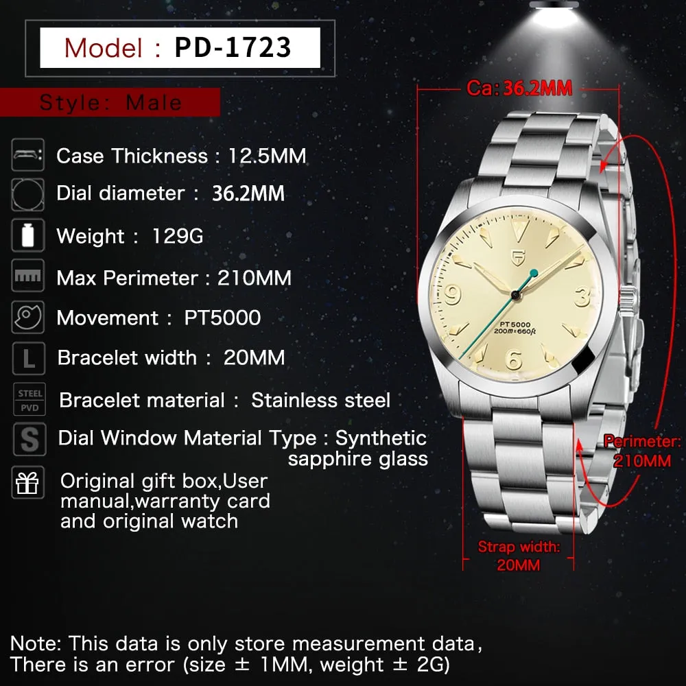 2022 New 36MM PAGANI Design Men Retro Mechanical Watch PT5000 Luxury Stainless Steel AR Sapphire 200m Waterproof reloj hombre