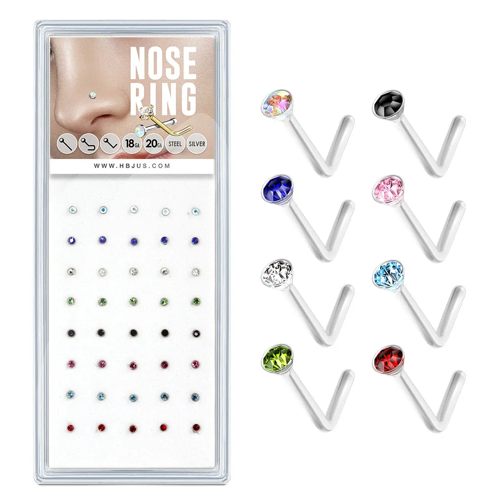 20g 2mm Gem Top Flexible L-Bend Nose Rings