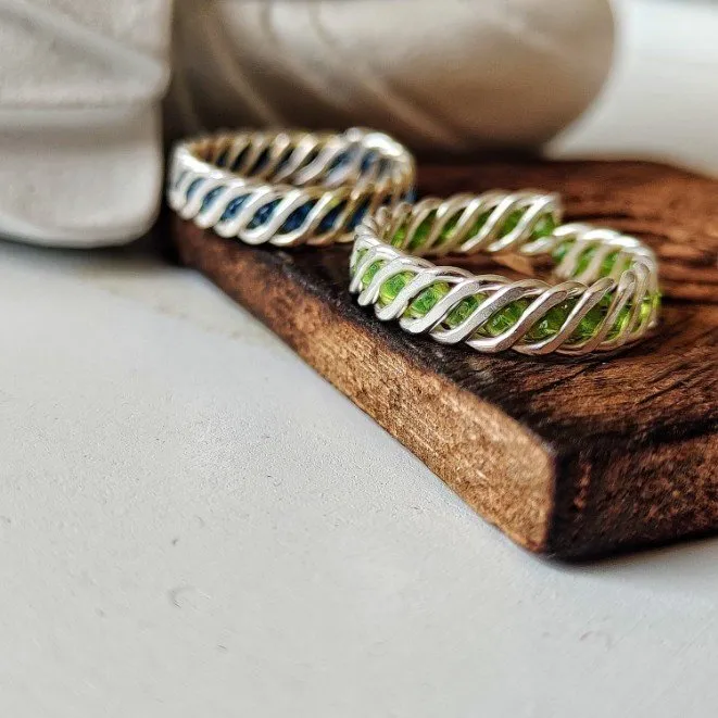 925 Silver Green & Blue Link Chain Stacking Band Adjustable Ring