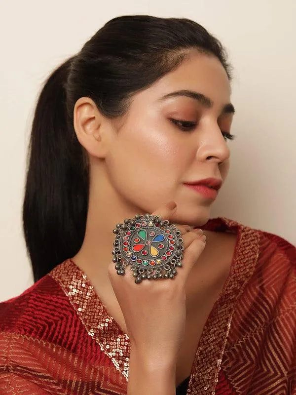 Afghani statement rings, black german silver rings,  ghungroo big rings, multicolor stone rings,wedding rings, gift for her