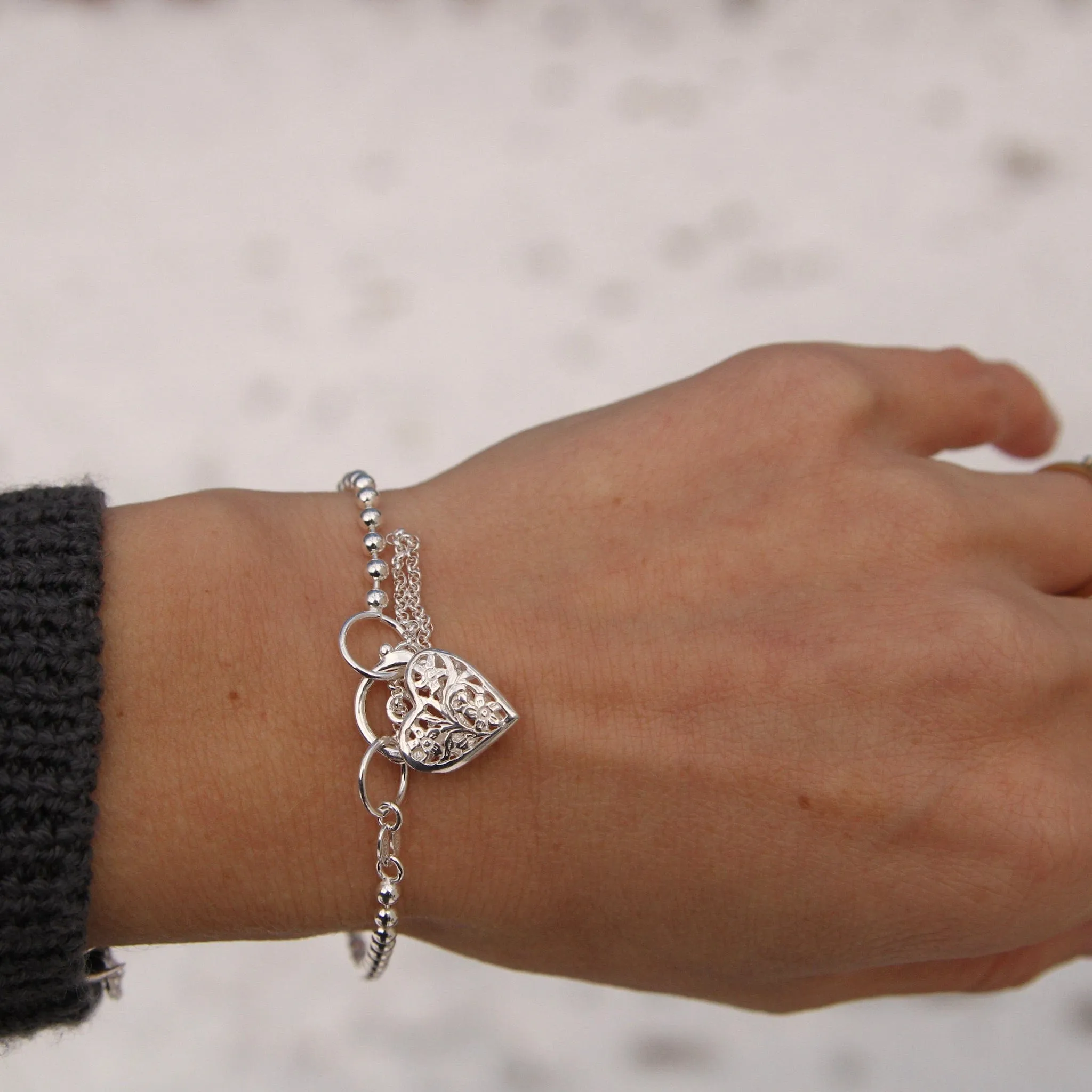 Ball Chain Bracelet with Filagree Heart Lock