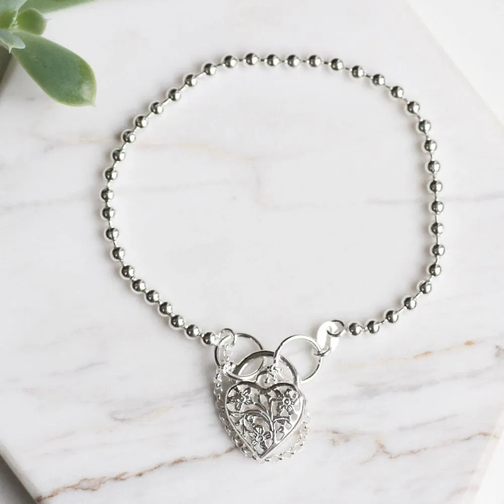 Ball Chain Bracelet with Filagree Heart Lock