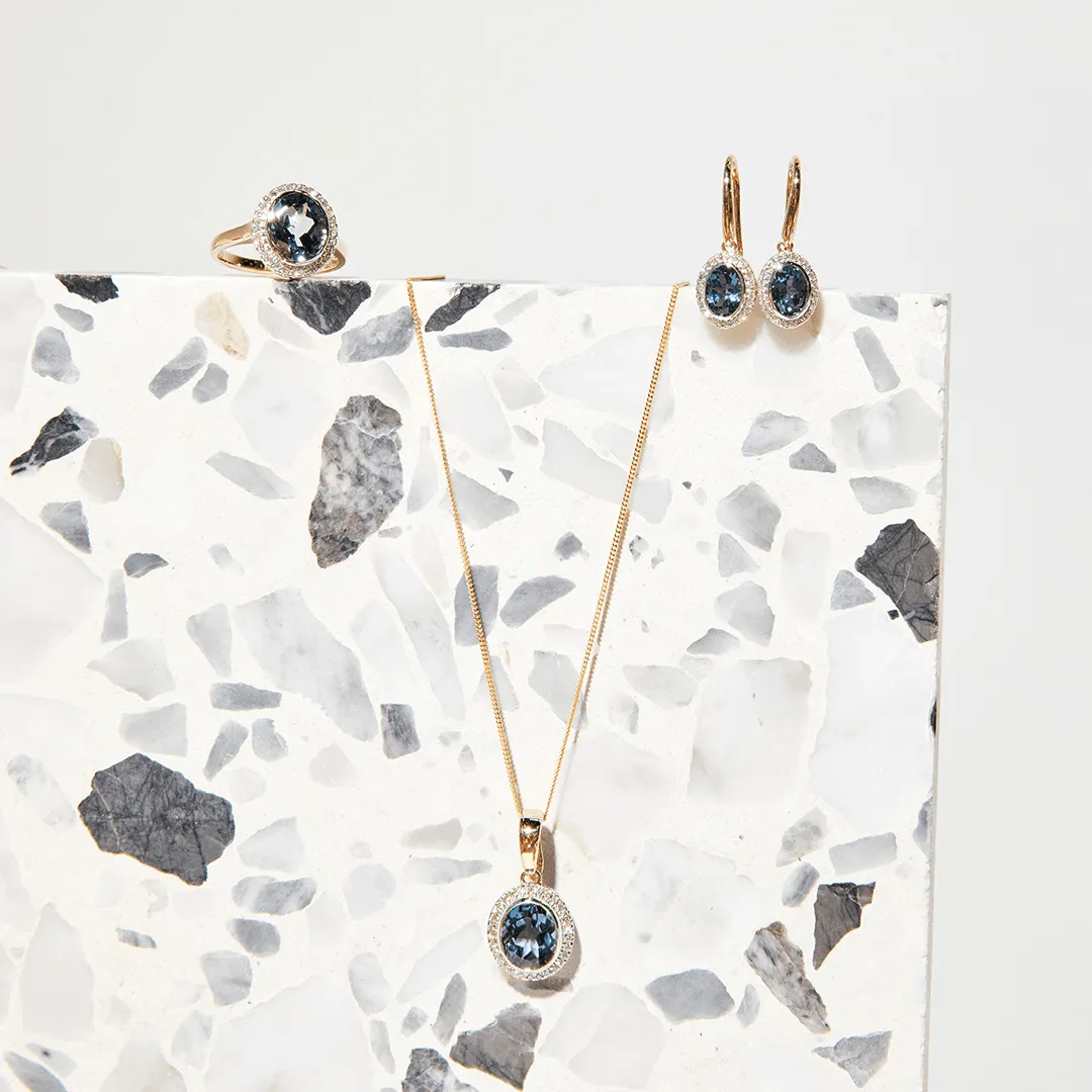 Blue Topaz & Diamond Earrings in 9ct Yellow Gold
