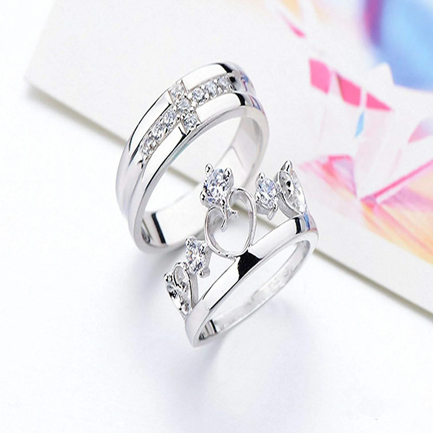 Couple Ring Set With Cubic Zirconia and Crystal