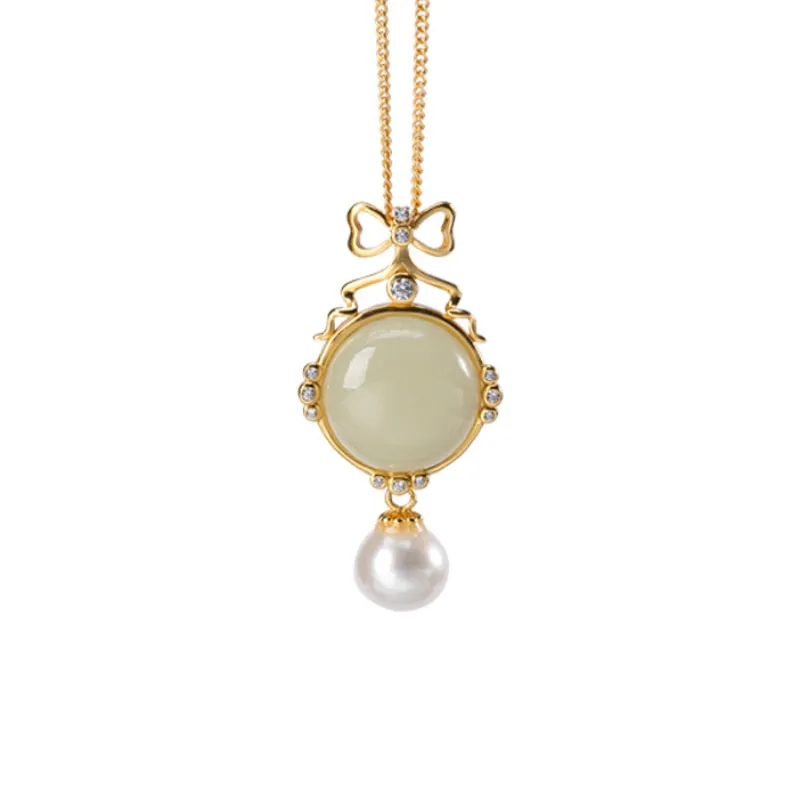 Creative Silver Inlaid Natural Hetian Jasper Round Bow Light Luxury Necklace Pendant