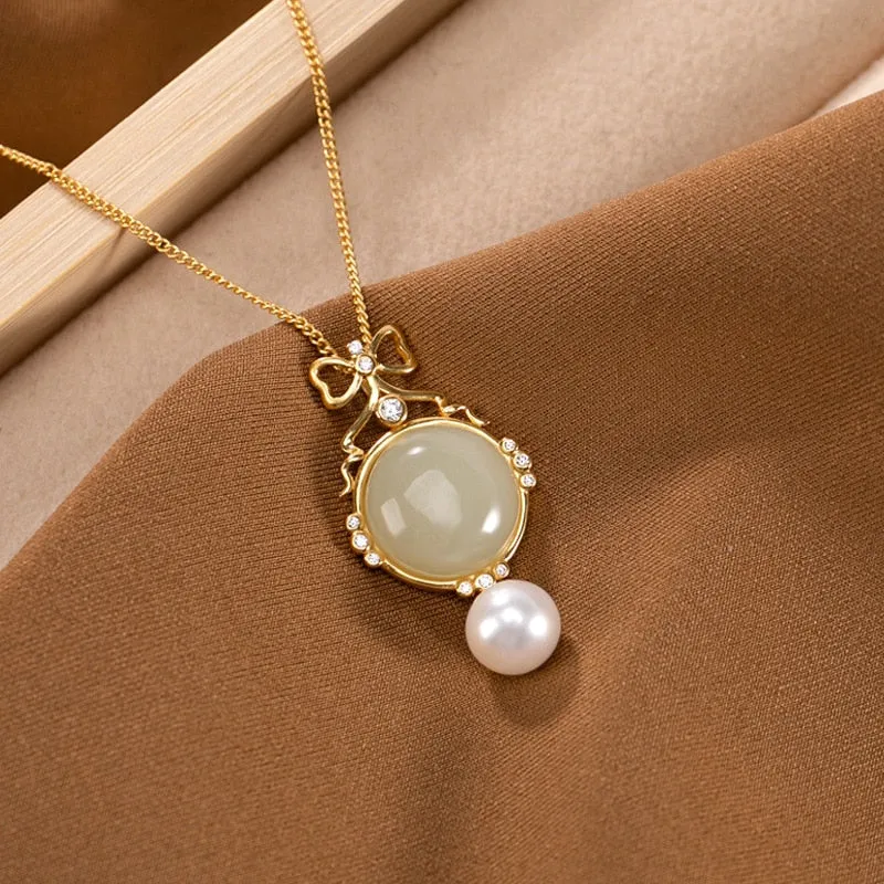 Creative Silver Inlaid Natural Hetian Jasper Round Bow Light Luxury Necklace Pendant