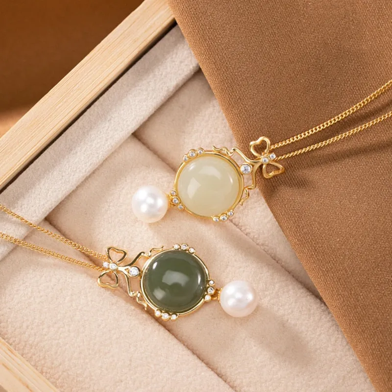 Creative Silver Inlaid Natural Hetian Jasper Round Bow Light Luxury Necklace Pendant