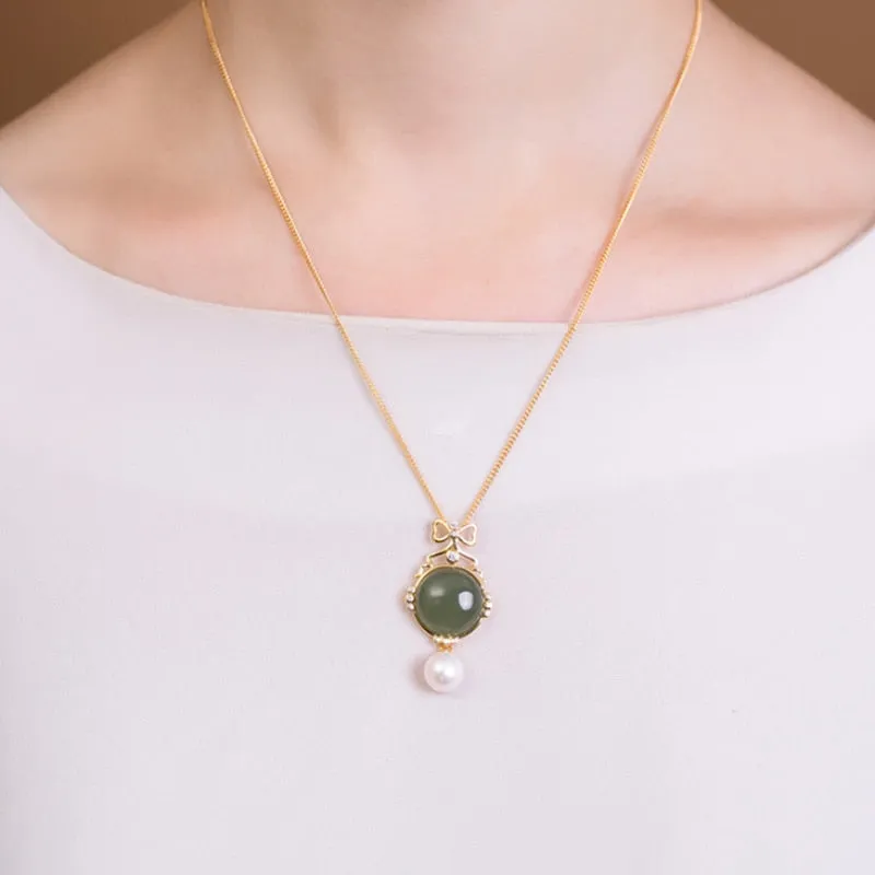 Creative Silver Inlaid Natural Hetian Jasper Round Bow Light Luxury Necklace Pendant