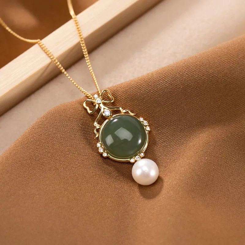 Creative Silver Inlaid Natural Hetian Jasper Round Bow Light Luxury Necklace Pendant