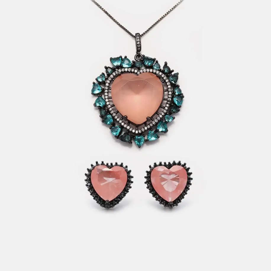 CZ Crystal Heart Necklace & Stud Earrings