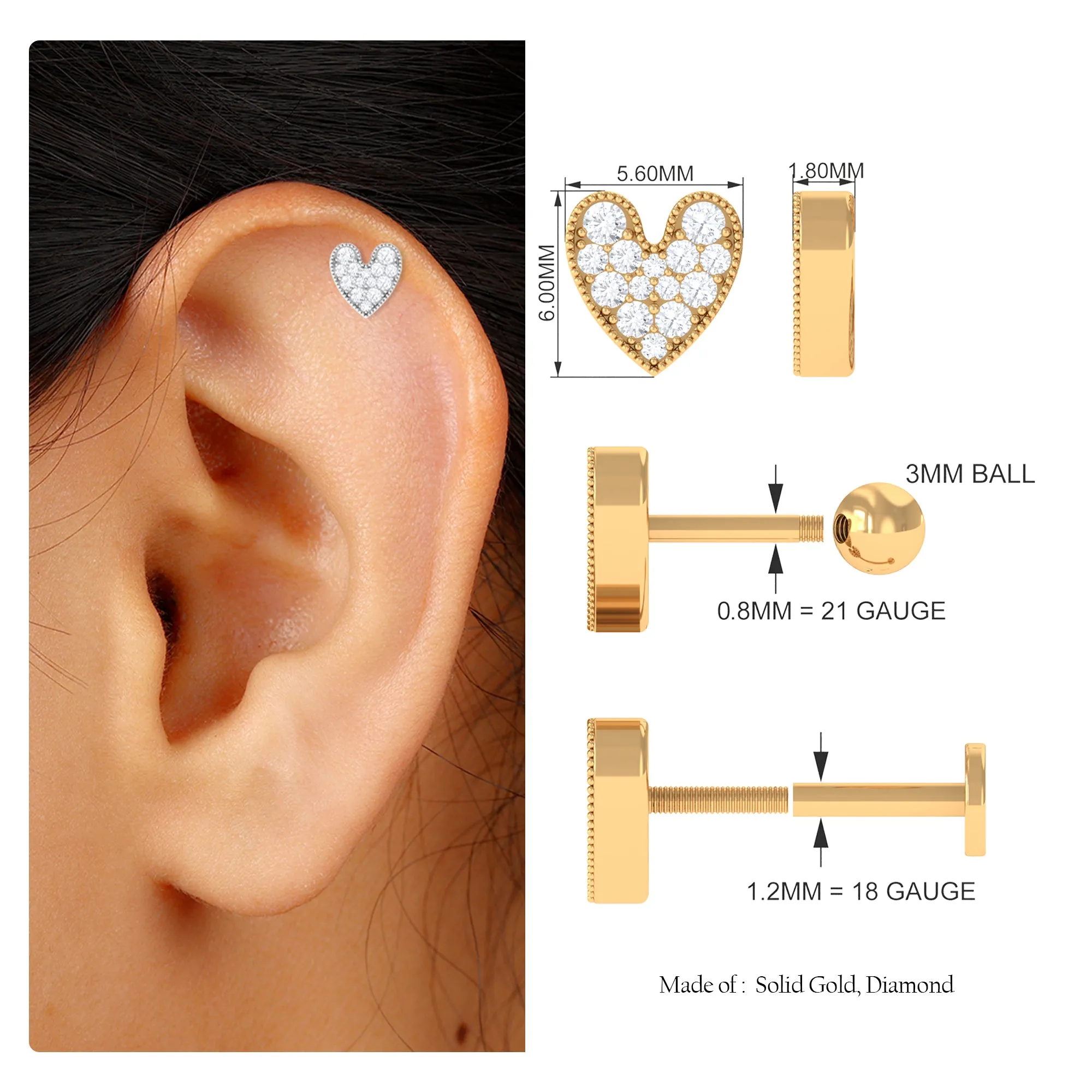 Dainty Moissanite Heart Helix Earring in Gold