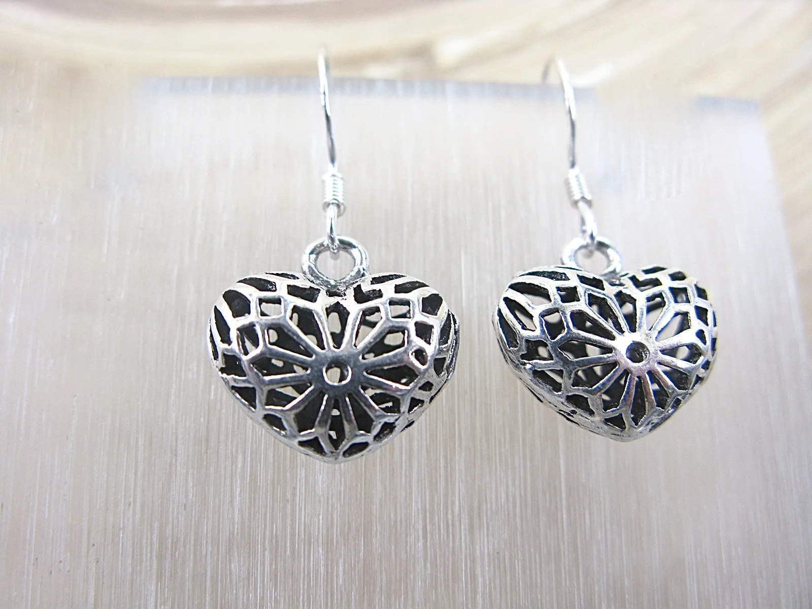 Filigree Lace Heart Earrings in 925 Sterling Silver