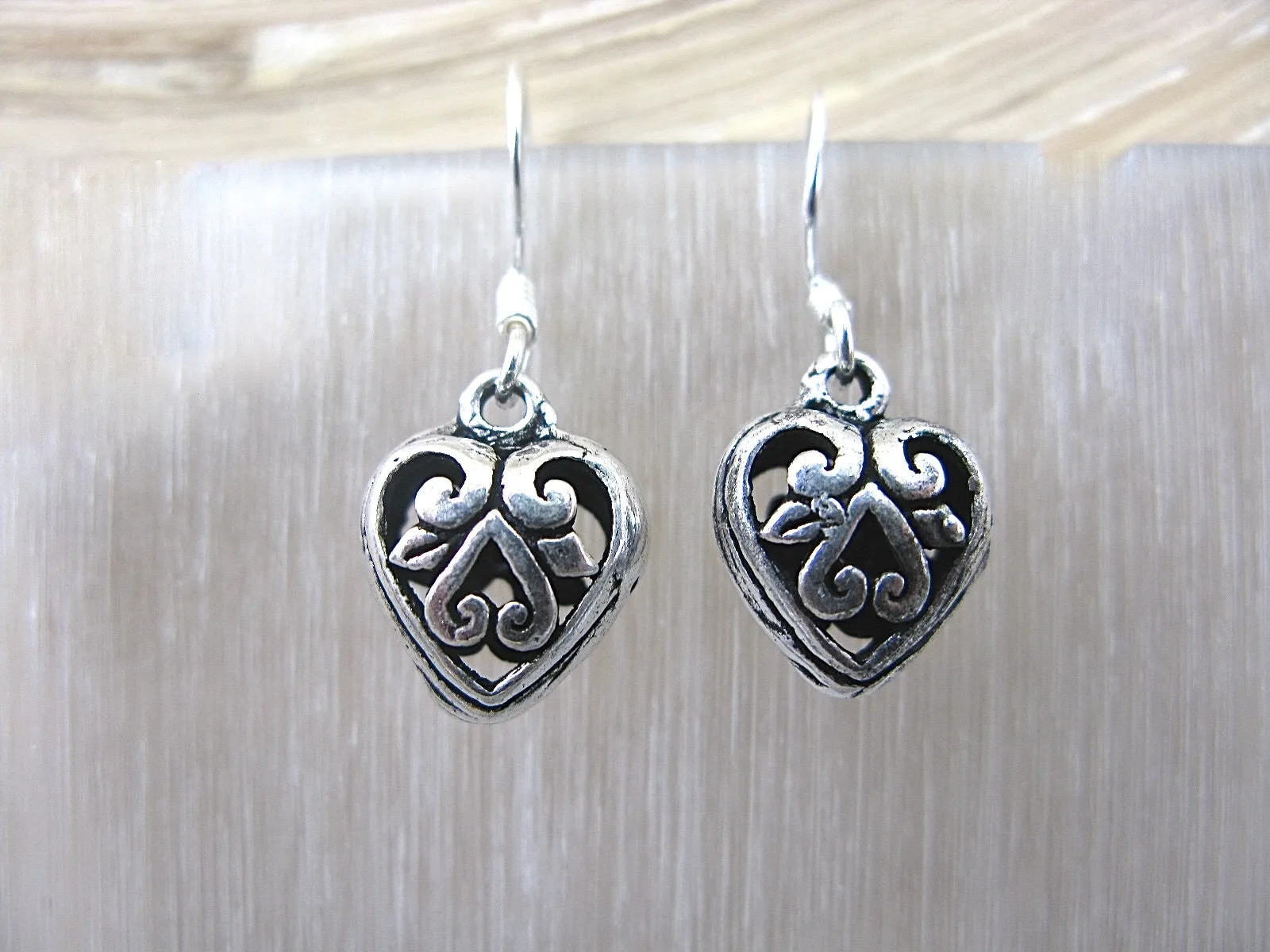Filigree Lace Oxidized Heart Earrings in 925 Sterling Silver