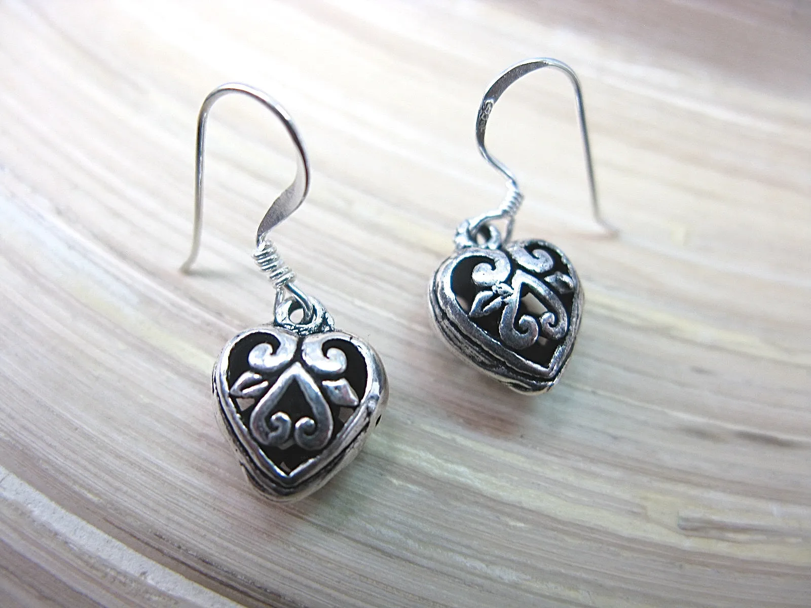Filigree Lace Oxidized Heart Earrings in 925 Sterling Silver