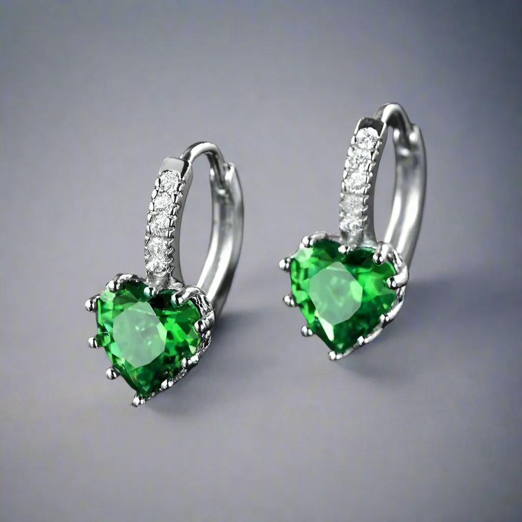 Heart Shaped Spring Green Diamond CZ Solitaire Hoop Earrings For Woman