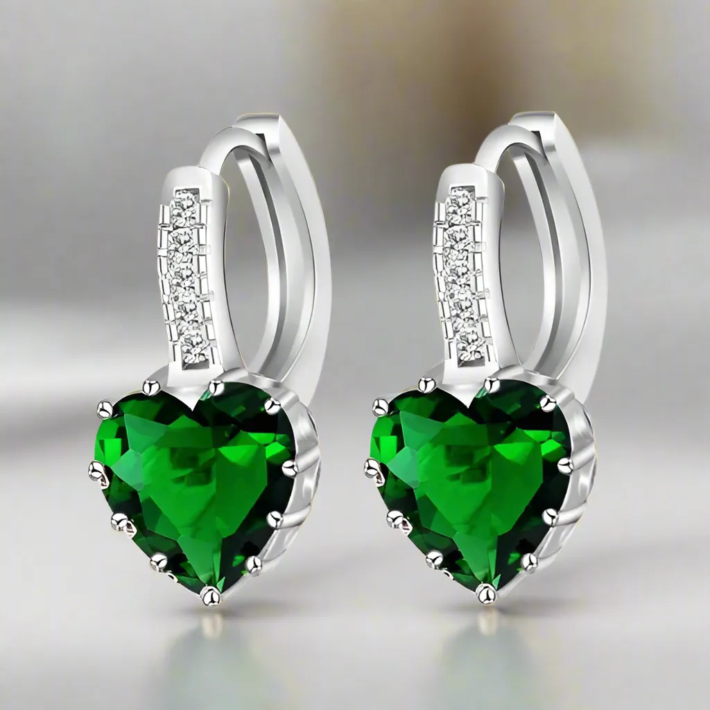 Heart Shaped Spring Green Diamond CZ Solitaire Hoop Earrings For Woman