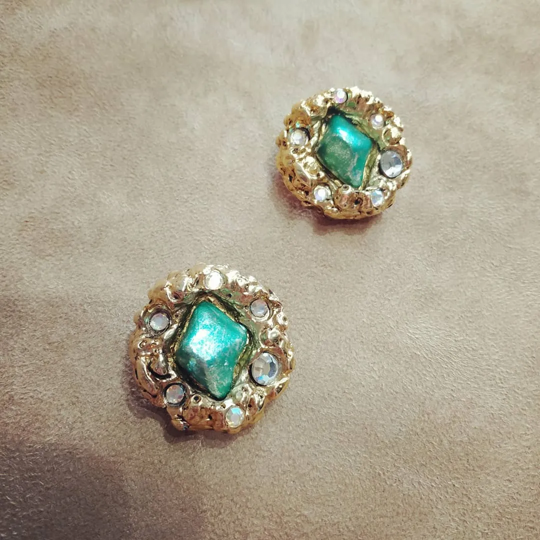 Jacky De G Chunky Vintage Gold Green Round Earrings
