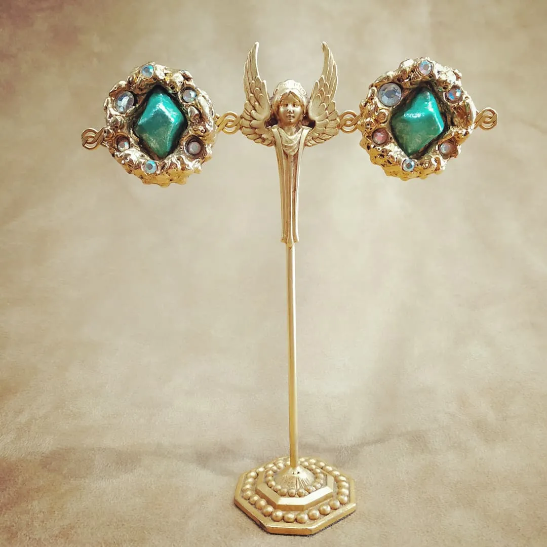 Jacky De G Chunky Vintage Gold Green Round Earrings