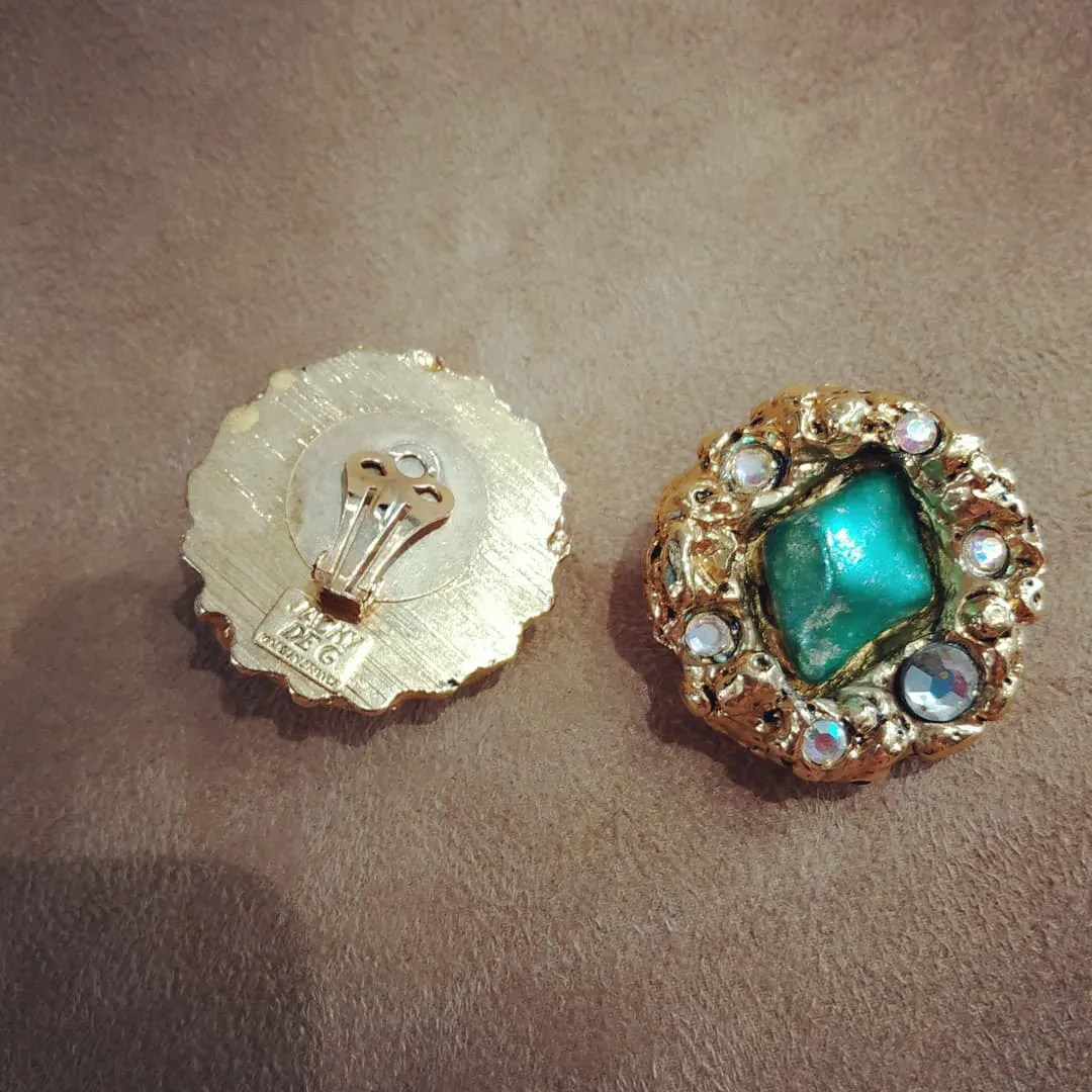 Jacky De G Chunky Vintage Gold Green Round Earrings