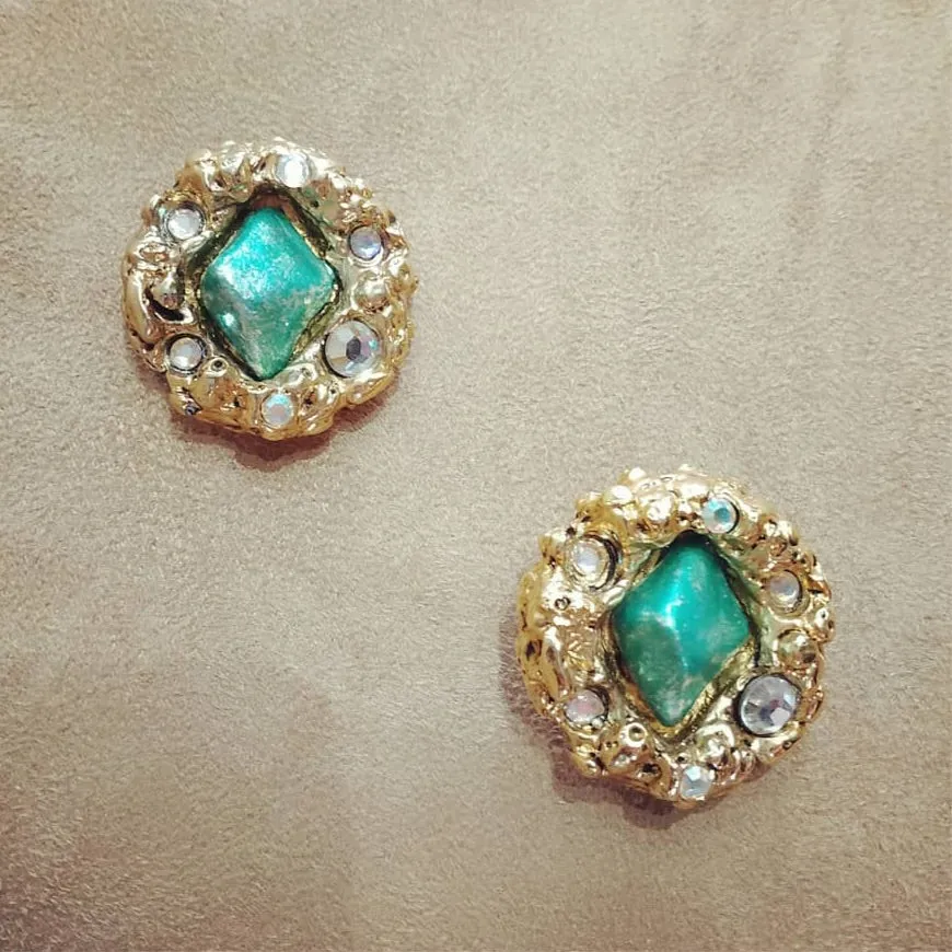 Jacky De G Chunky Vintage Gold Green Round Earrings