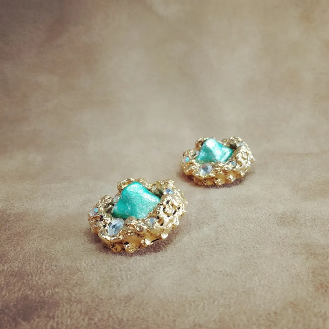 Jacky De G Chunky Vintage Gold Green Round Earrings