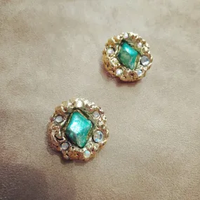 Jacky De G Chunky Vintage Gold Green Round Earrings
