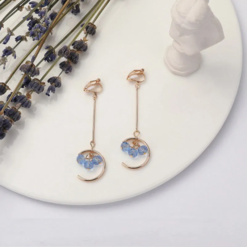 Korean blue shiny crystal Pearl geometric Women clip on Earrings
