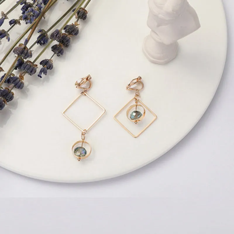 Korean blue shiny crystal Pearl geometric Women clip on Earrings