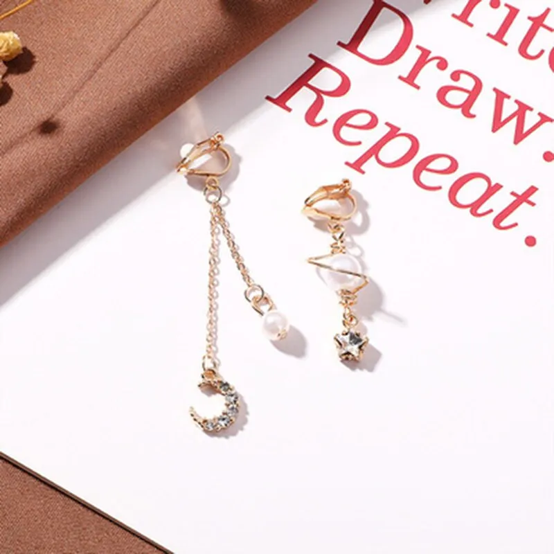 Korean blue shiny crystal Pearl geometric Women clip on Earrings