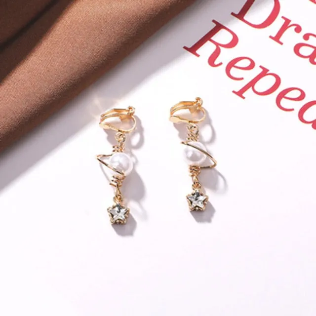 Korean blue shiny crystal Pearl geometric Women clip on Earrings