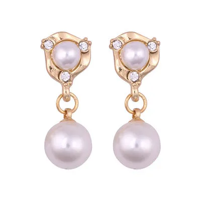 Korean blue shiny crystal Pearl geometric Women clip on Earrings