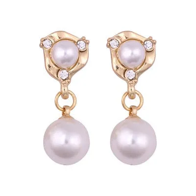 Korean blue shiny crystal Pearl geometric Women clip on Earrings