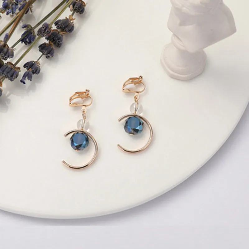 Korean blue shiny crystal Pearl geometric Women clip on Earrings