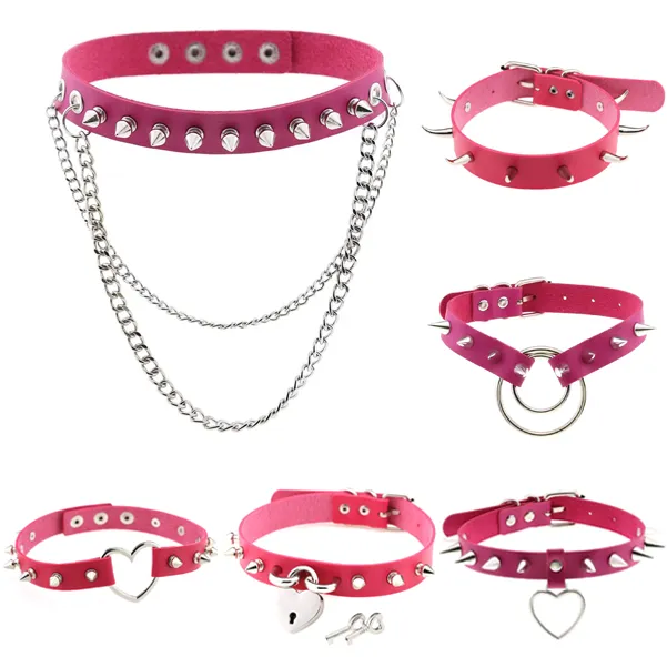 MAYTRENDS  - Rose Pink Punk Leather Chokers