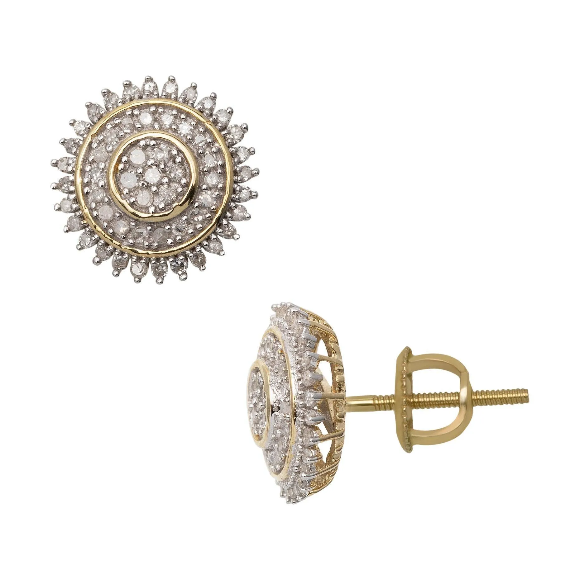 Men's Sunflower Design Micro-Pavé Diamond Stud Earrings 0.40ct 10K Yellow Gold