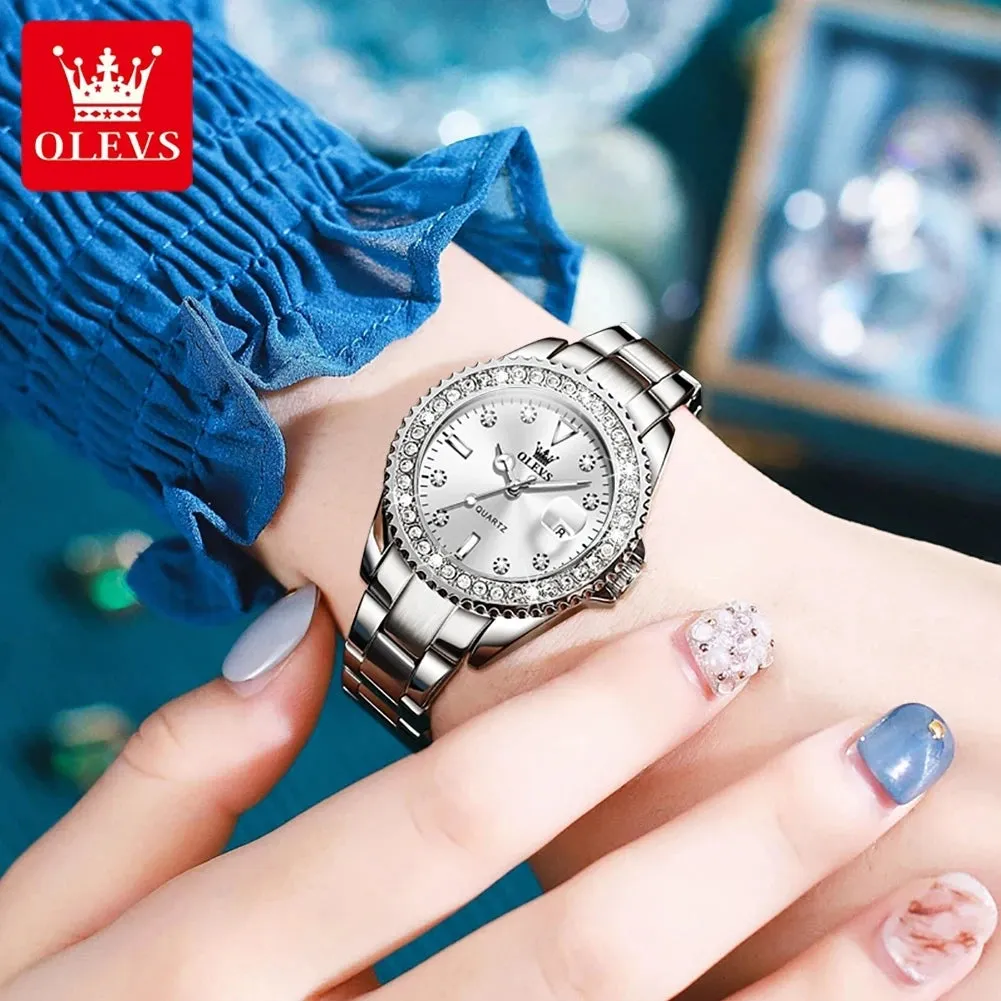 OLEVS Original Diamond Dial Quartz Watch for Women: Fashionable and Elegant Ladies' Stainless Steel Waterproof Wristwatch