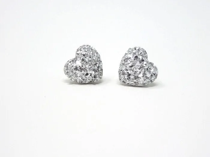 Silver Heart Stud Earrings - Stardust Heart Studs. Bridesmaid Earrings. Be My Bridesmaid.