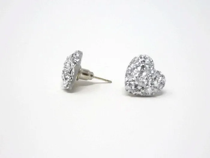 Silver Heart Stud Earrings - Stardust Heart Studs. Bridesmaid Earrings. Be My Bridesmaid.