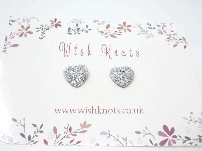 Silver Heart Stud Earrings - Stardust Heart Studs. Bridesmaid Earrings. Be My Bridesmaid.