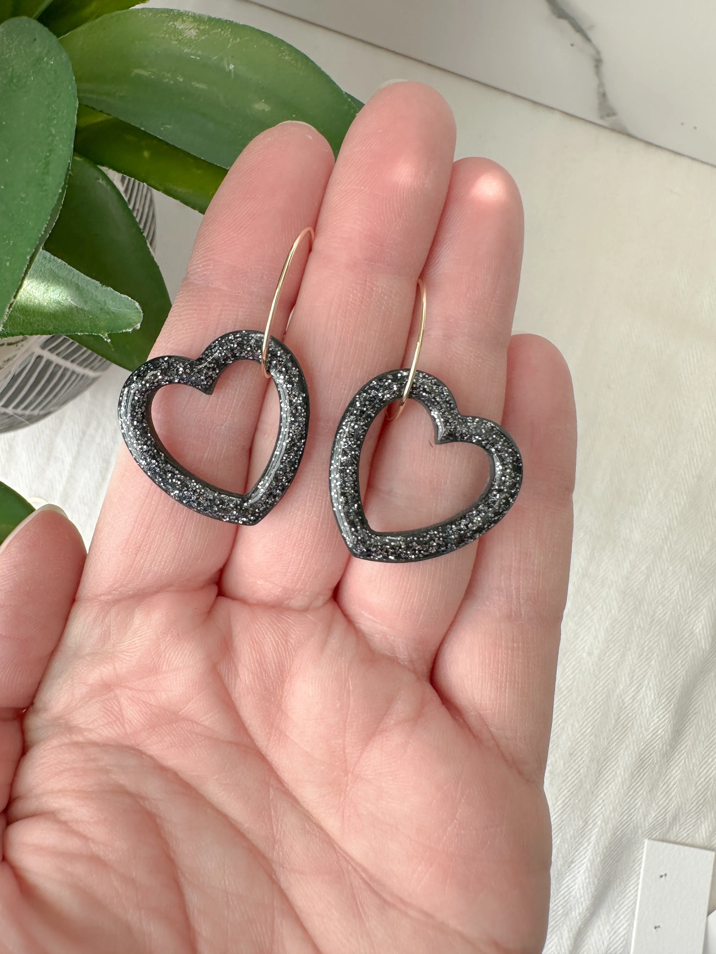 Sparkly Heart Hoop Dangle Earrings (four color options)