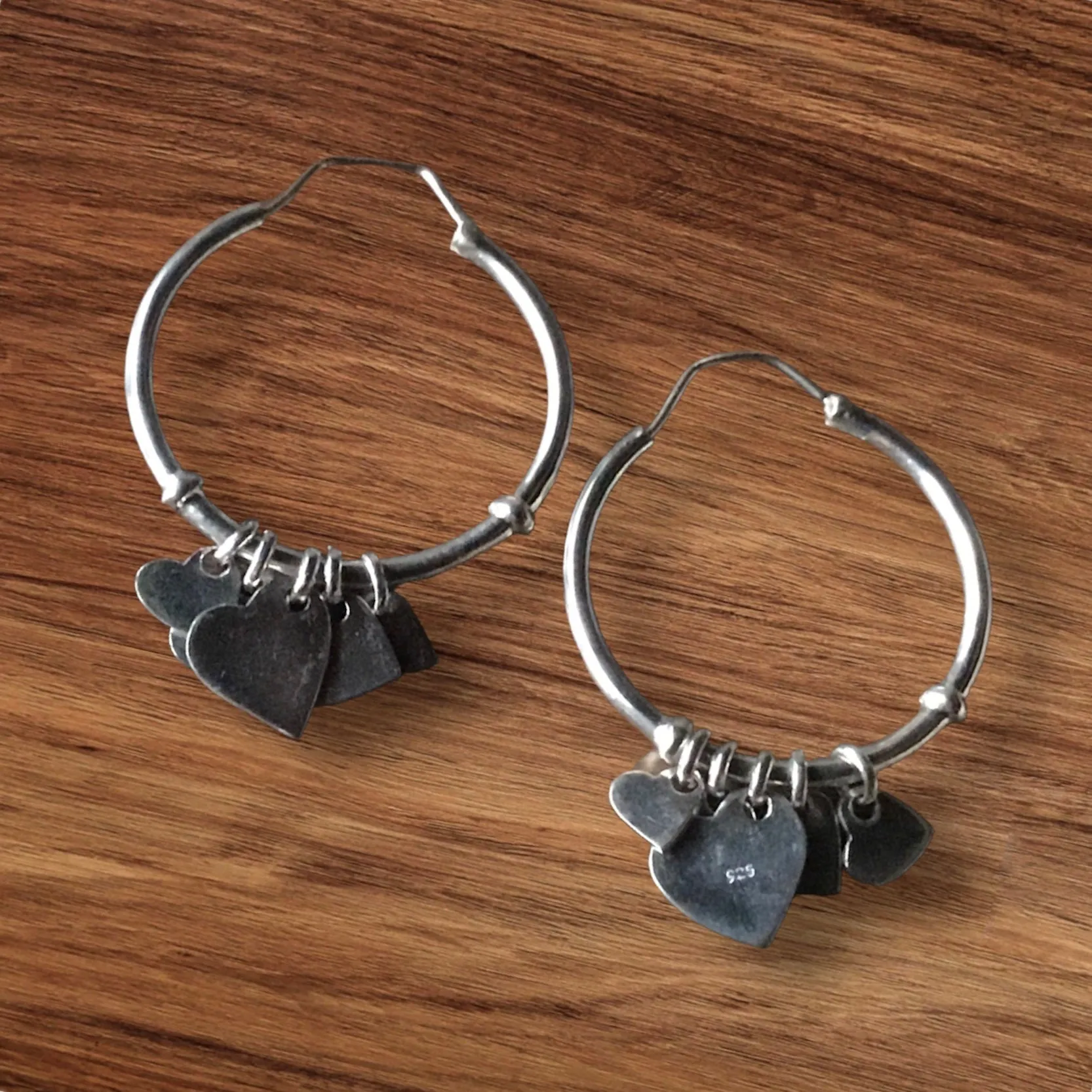 STERLING SILVER 5 HEARTS DANGLE HOOP EARRINGS