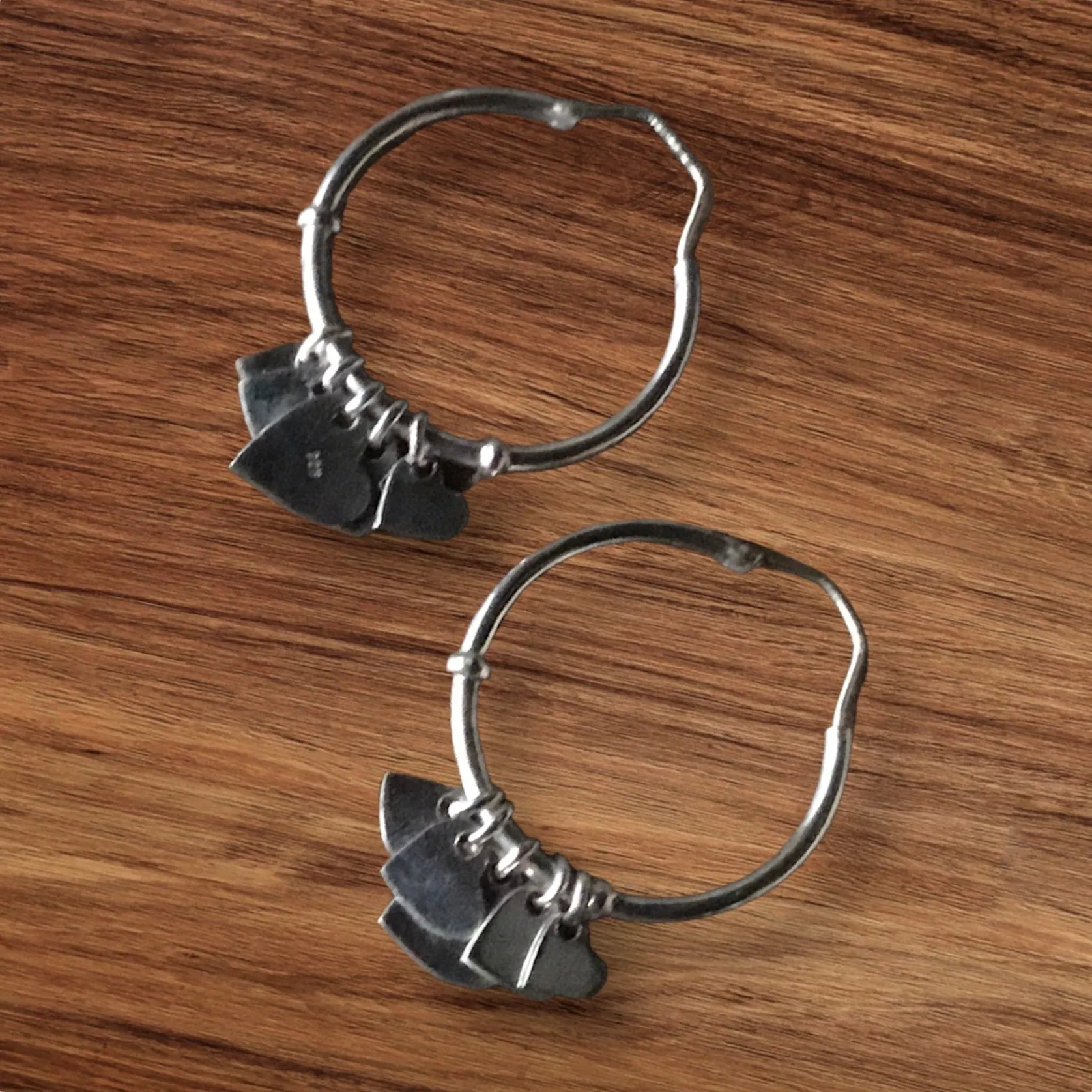 STERLING SILVER 5 HEARTS DANGLE HOOP EARRINGS